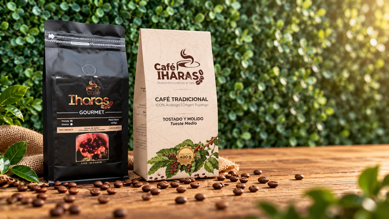 Empaques de café IHARAS gourmet y tradicional, junto a granos de café